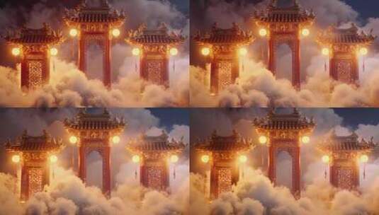 国风开场动画，云层之上的仙宫门庭高清在线视频素材下载
