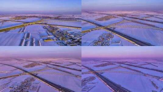 延时航拍冬季京哈高速落日余晖高清在线视频素材下载