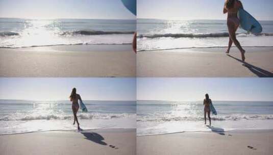 年轻的高加索女人胳膊下夹着冲浪板，奔向大高清在线视频素材下载