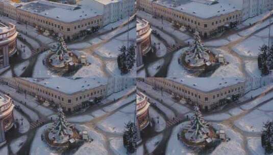 雪域城市广场上的空中俯视图旋转木马高清在线视频素材下载