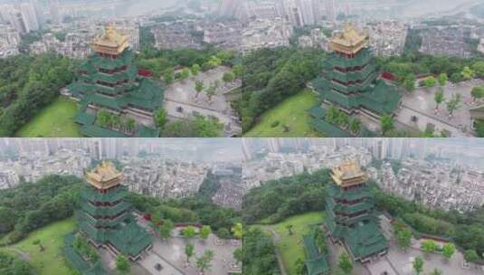 重庆鸿恩寺航拍鸿恩阁与嘉陵江两岸高楼大厦高清在线视频素材下载