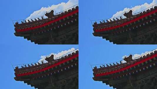 蓝天白云明清古建筑屋檐脊兽高清在线视频素材下载