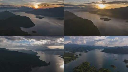 日出日落延时航拍水库山水湖面绿水青山湖水高清在线视频素材下载