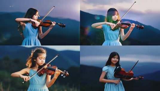 夜晚山顶拉小提琴的少女 小提琴演奏 文旅高清在线视频素材下载