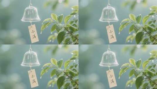 带小满标签的玻璃风铃与绿叶高清在线视频素材下载