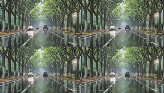 林荫道路上行驶的汽车高清在线视频素材下载