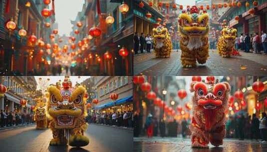 【4K高清】喜庆街道舞狮新年庆祝活动高清在线视频素材下载