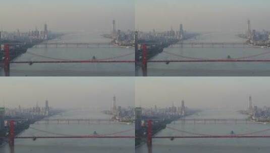 江滩航拍鹦鹉洲大桥长江大桥绿地606大厦高清在线视频素材下载