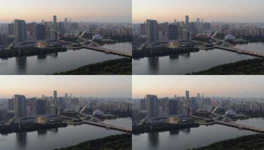 沈阳浑河桥城市中心傍晚车流航拍房地产4K高清在线视频素材下载