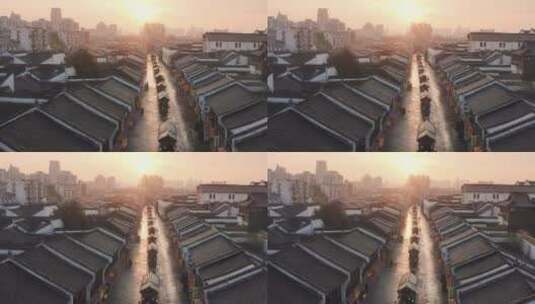 航拍夕阳下杭州老城区清河坊街高清在线视频素材下载
