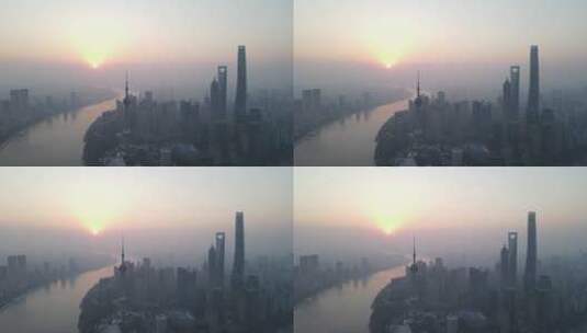 上海陆家嘴外滩黄浦江轮渡地标建筑日出航拍高清在线视频素材下载