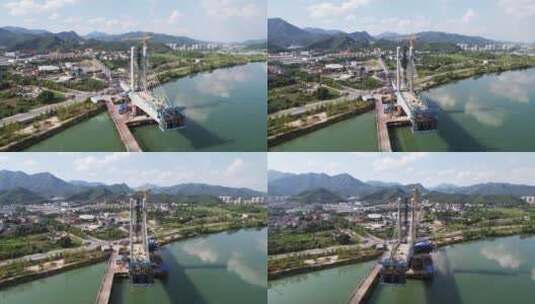 航拍新安江上在建的建德大桥高清在线视频素材下载