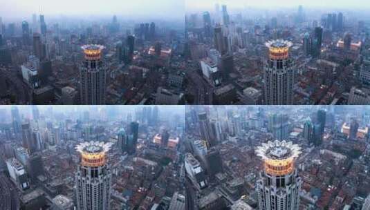 雾霾天的上海外滩中心航拍高清在线视频素材下载