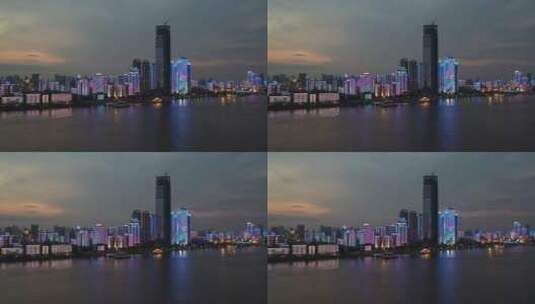 武汉长江江滩城市天际线夜景高楼航拍风光高清在线视频素材下载