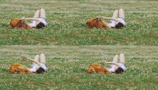 美女躺在草地上和宠物犬金毛狗玩耍高清在线视频素材下载