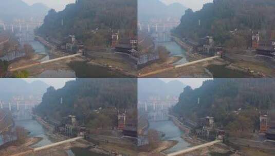 航拍湘西茶峒古镇风景，边城白塔高清在线视频素材下载