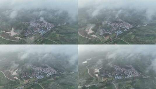 沂河源田园综合体 晨雾中的汇泉桃花岛高清在线视频素材下载