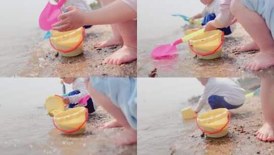 小孩河边玩水脚步特写高清在线视频素材下载