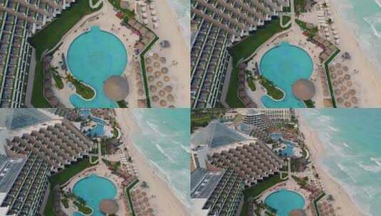 无人机鸟瞰水晶蓝色游泳池和美丽的豪华度假胜地帕拉迪斯坎昆在墨西哥高清在线视频素材下载