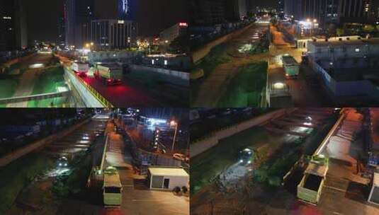 航拍夜景济南地铁施工自卸车土方施工高清在线视频素材下载