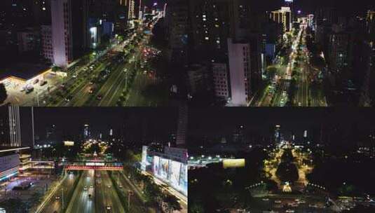 佛山禅城地标季华五路夜间车流航拍高清在线视频素材下载