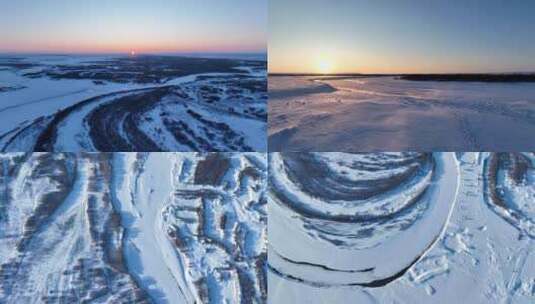 航拍内蒙冰雪覆盖的海拉尔河高清在线视频素材下载