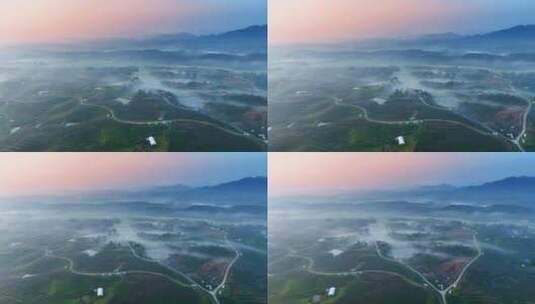 清晨带着薄雾的山坡光伏发电站航拍高清在线视频素材下载