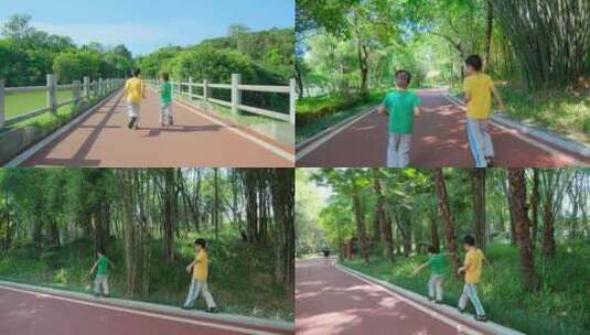 两个小孩在公园跑道跑 林荫小路 向前冲高清在线视频素材下载