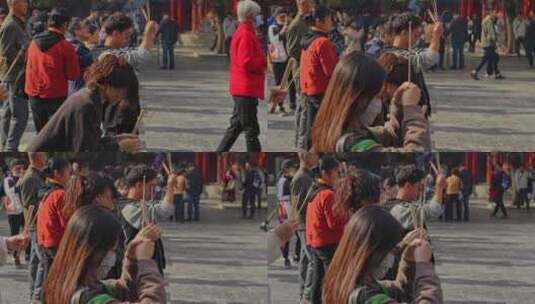 北京雍和宫烧香拜佛的人高清在线视频素材下载