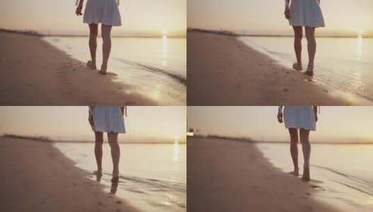 夕阳下少女走在沙滩上，海浪不停冲来高清在线视频素材下载