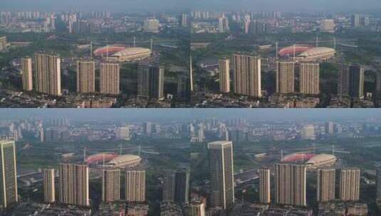 义乌江东梅湖体育场城市风光鸟瞰航拍高清在线视频素材下载