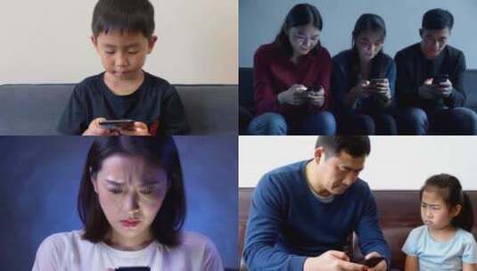 家庭儿童老人低头玩手机高清在线视频素材下载
