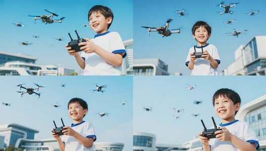 男孩户外操控无人机画面高清在线视频素材下载