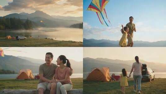户外露营放风筝家庭高清在线视频素材下载