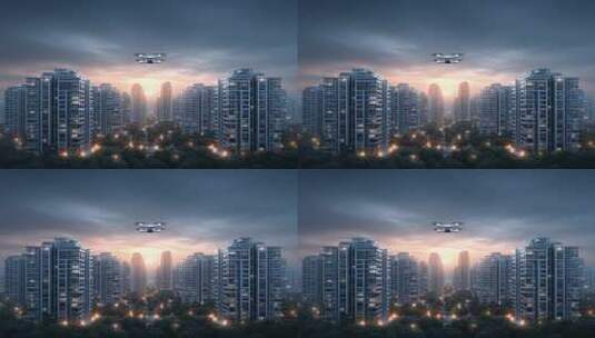 智能无人机巡视都市楼宇日暮全景高清在线视频素材下载