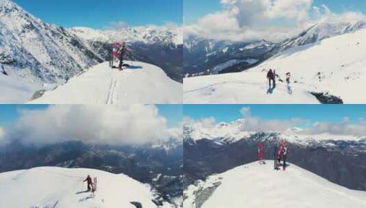 航拍滑雪登山者在雪山的风景高清在线视频素材下载