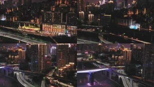 重庆轨道二号线行驶出李子坝站夜景高清在线视频素材下载