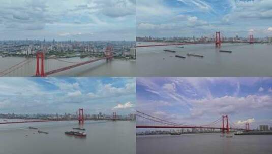 湖北武汉鹦鹉洲长江大桥长江货船天空延时高清在线视频素材下载
