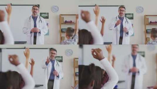 高加索男性医务工作者戴着透视镜，站在教室里提问高清在线视频素材下载