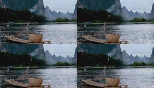 漓江烟火和鸬鹚竹筏的场景高清在线视频素材下载