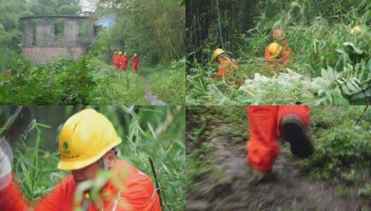 共产党员党建电力工人雨天砍树除危高清在线视频素材下载