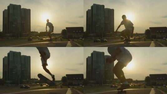 男生在城市玩滑板高清在线视频素材下载