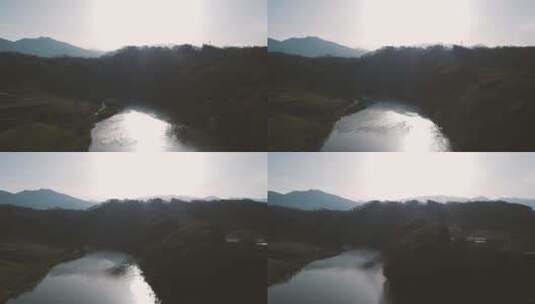 航拍早晨的山川河流景色高清在线视频素材下载