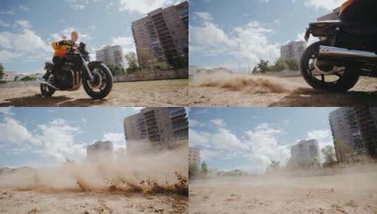 骑手驾驶摩托车漂移的特写镜头高清在线视频素材下载