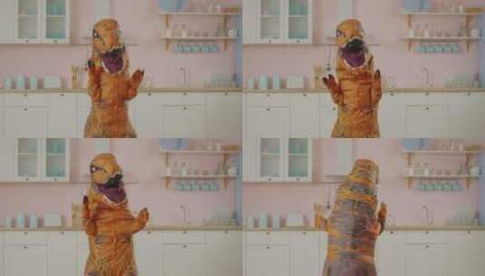 粉色厨房里棕色恐龙在跳的滑稽舞蹈高清在线视频素材下载