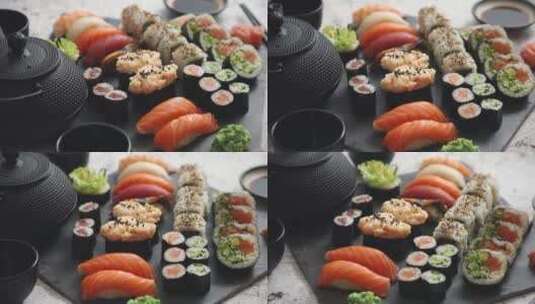 餐桌上各式各样的寿司卷特写镜头高清在线视频素材下载