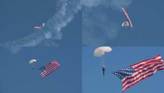 跳伞运动员降下时悬挂着美国国旗高清在线视频素材下载