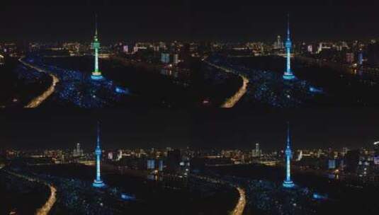 湖北武汉城市地标建筑夜景灯光航拍高清在线视频素材下载