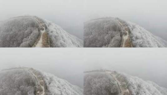 北京怀柔箭扣长城冬季雾凇雪景寒冷覆盖航拍高清在线视频素材下载