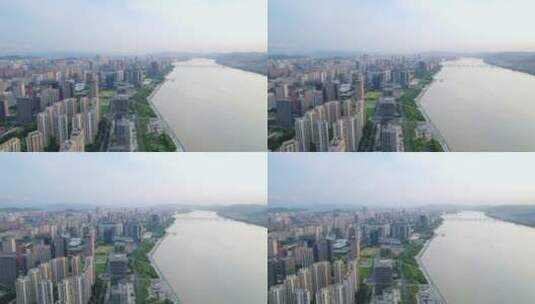 杭州滨江城区现代城市风光夕阳下航拍高清在线视频素材下载